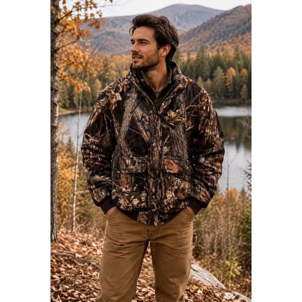 Vtg ScentLok Hunting Jacket Men Large Mossy Oak Camo Full Zip Snap USA Bomber